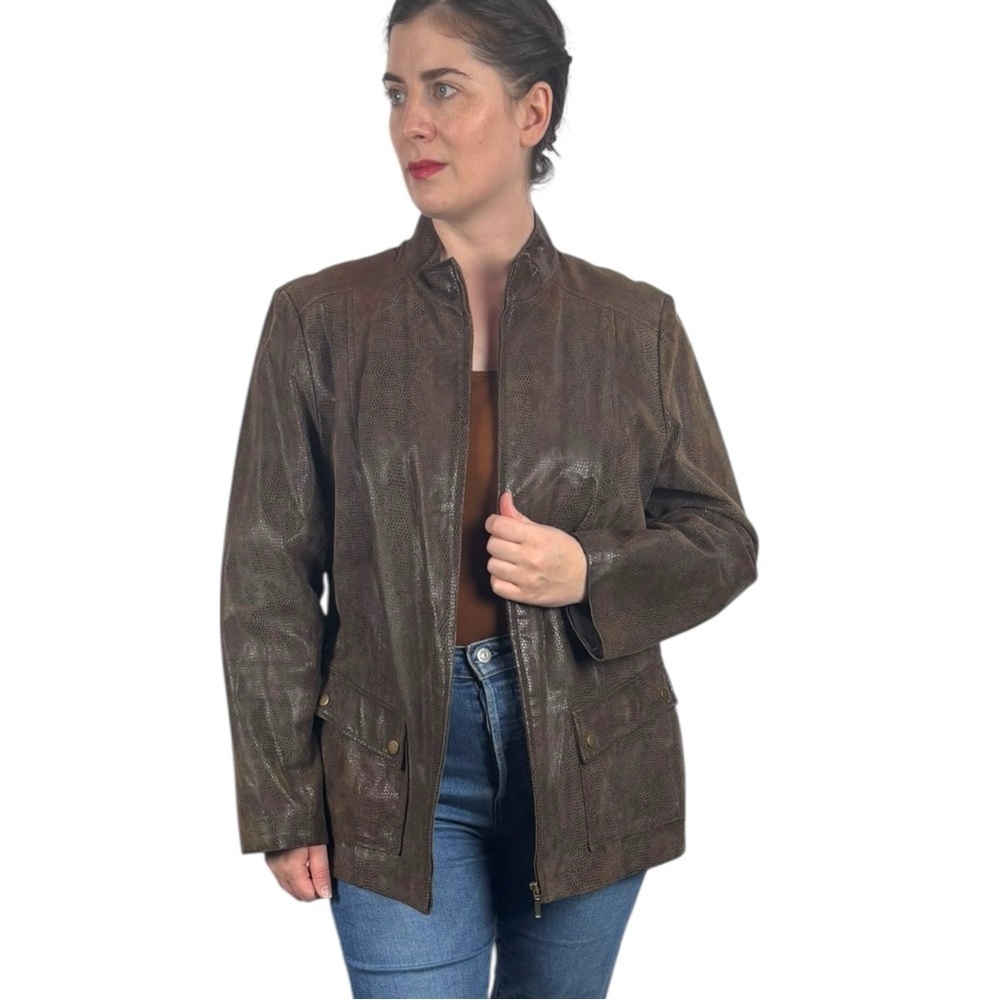 ALFANI BROWN SNAKESKIN LEATHER MOCK NECK ZIP UP JACKET